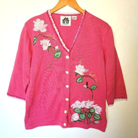 Storybook Knits Pink Cardigan Sweater Roses L - Picture 2 of 14